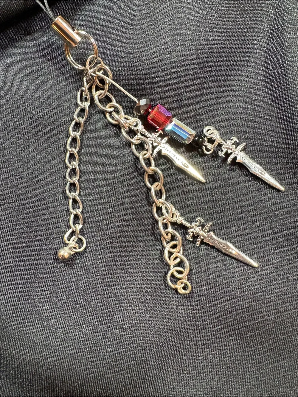 Silver Dagger Phone Charm with Red Accent Beads
